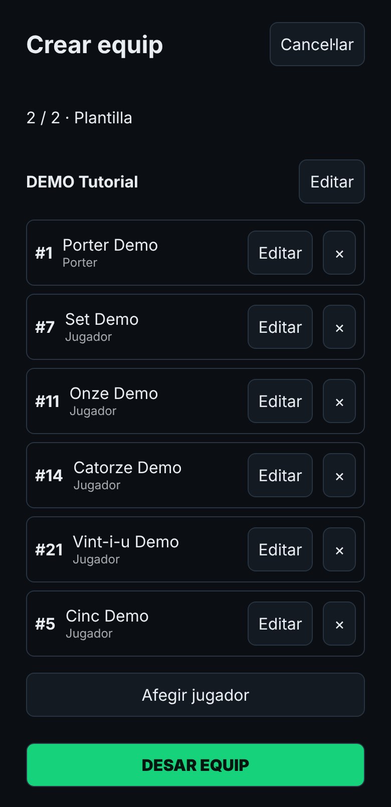 Crear equip, pas 2: plantilla