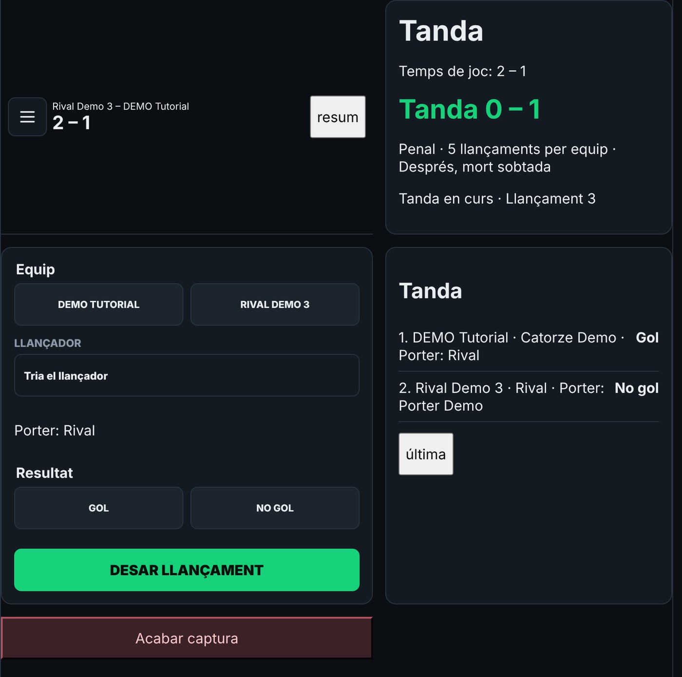 Pantalla de la tanda